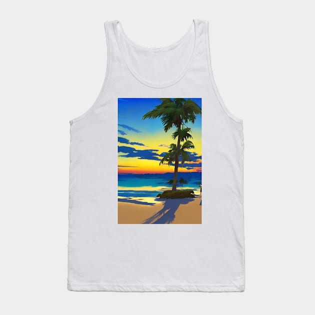 Summer Sunset Palm Tree Beach Ocean Art Tank Top by Trendy-Now